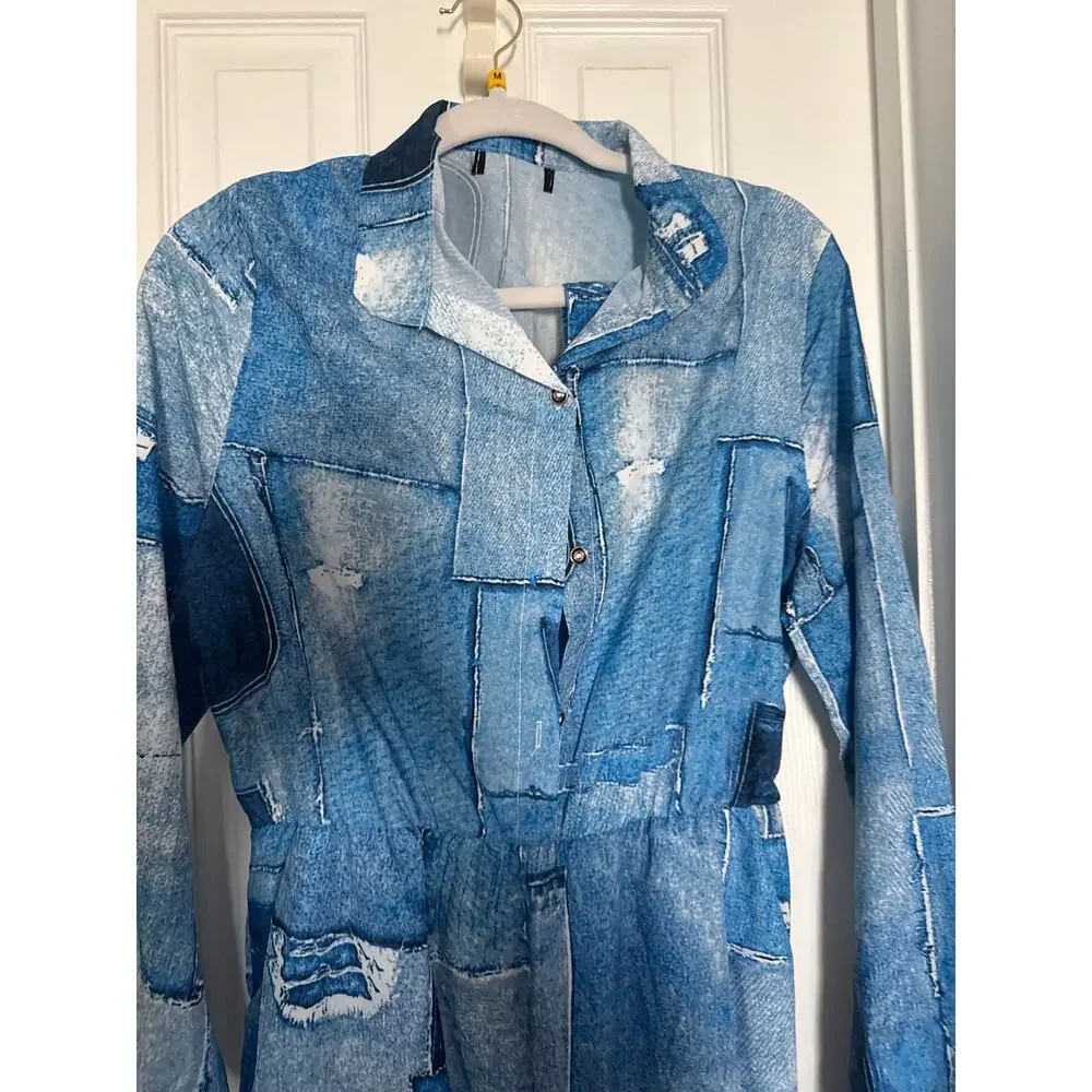 Denim Print Long Sleeve Shirt Straight Tube Jumpsuit Women Jeans High Waist M